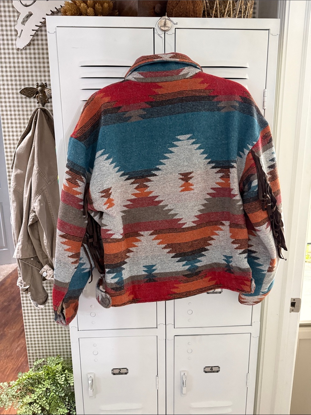 Vici Southwestern Fringe Utility Jacket in Teal, Rust & Gray - Picture 5 of 5